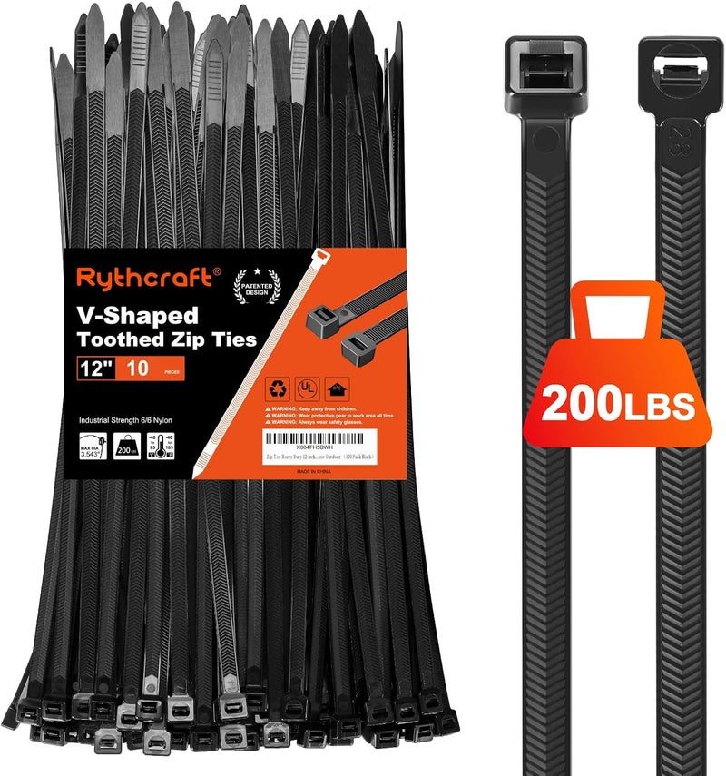 Rythcraft Zip Ties Heavy Duty 12 inch，V-Shaped Toothed Double Sided With 200 LBS Tensile Strength Cable Ties ，Extra Large Wire Ties Adjustable Nylon Tie Wraps for Indoor Outdoor Patented Design（80 Pack Black） - Image 1